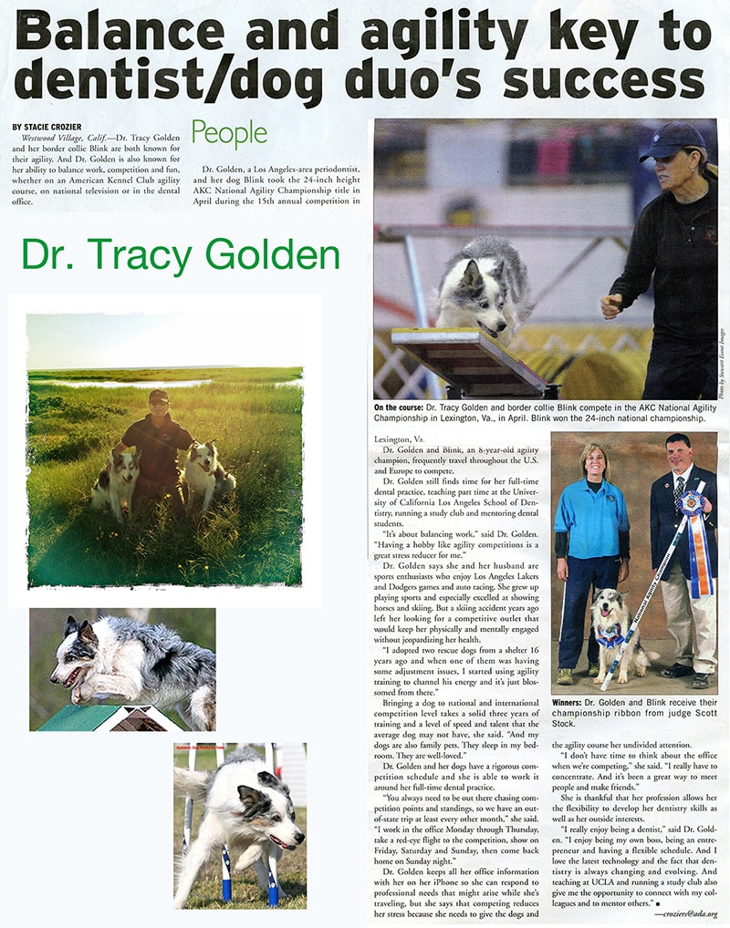 ADA News article: Balance and agility key to dentist/dog duo's success – Dr. Tracy Golden